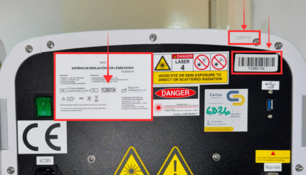 Parte trasera del equipo ADSS con número de serie, código de barras y número de PM ANMAT coincidentes, importado por ITANAR S.A. y comercializado por Eurmedic.
